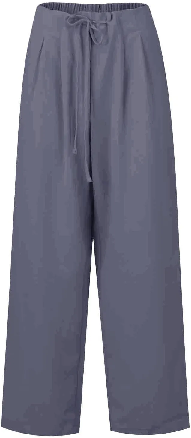 Women's Cotton Linen Pants Summer Wide Leg Casual Loose Drawstring High Waist Palazzo Trousers Pants Tie Knot Lounge