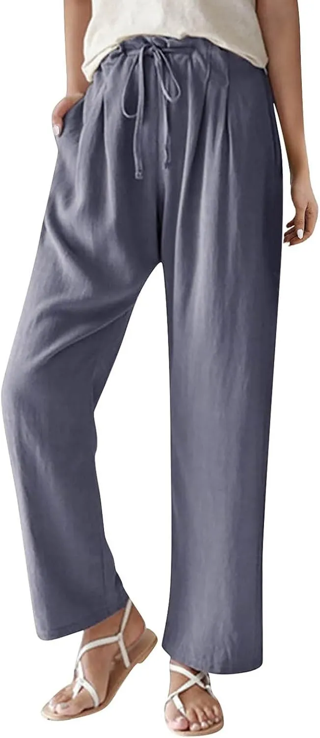 Women's Cotton Linen Pants Summer Wide Leg Casual Loose Drawstring High Waist Palazzo Trousers Pants Tie Knot Lounge