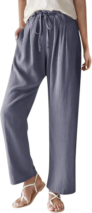 Women's Cotton Linen Pants Summer Wide Leg Casual Loose Drawstring High Waist Palazzo Trousers Pants Tie Knot Lounge