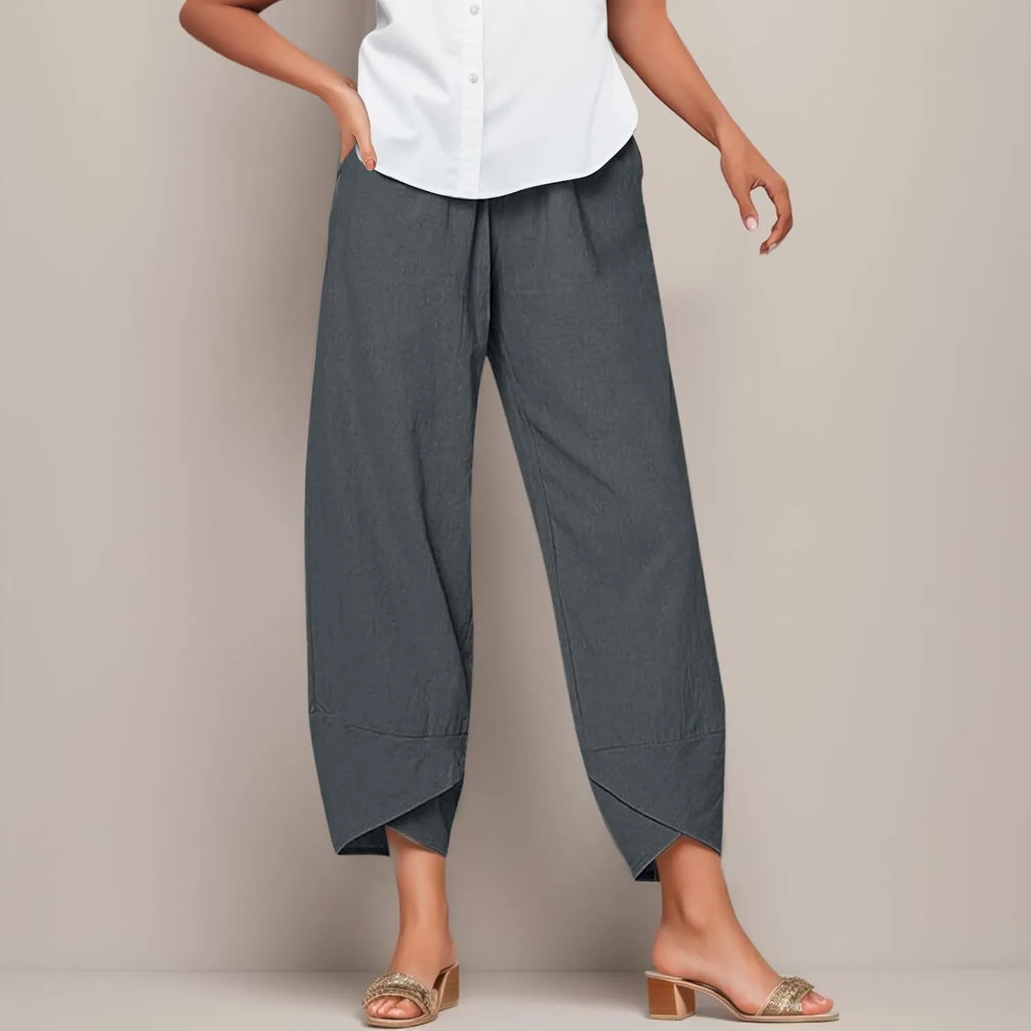 Women's Cotton Linen Trousers Summer Causal Straight Leg Solid Color Loose Fit Pants Lounge Palazzo Pants with Pockets