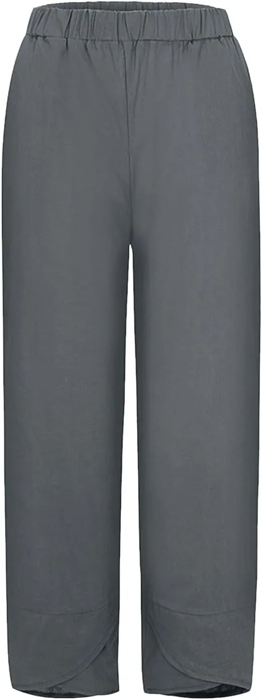 Women's Cotton Linen Trousers Summer Causal Straight Leg Solid Color Loose Fit Pants Lounge Palazzo Pants with Pockets