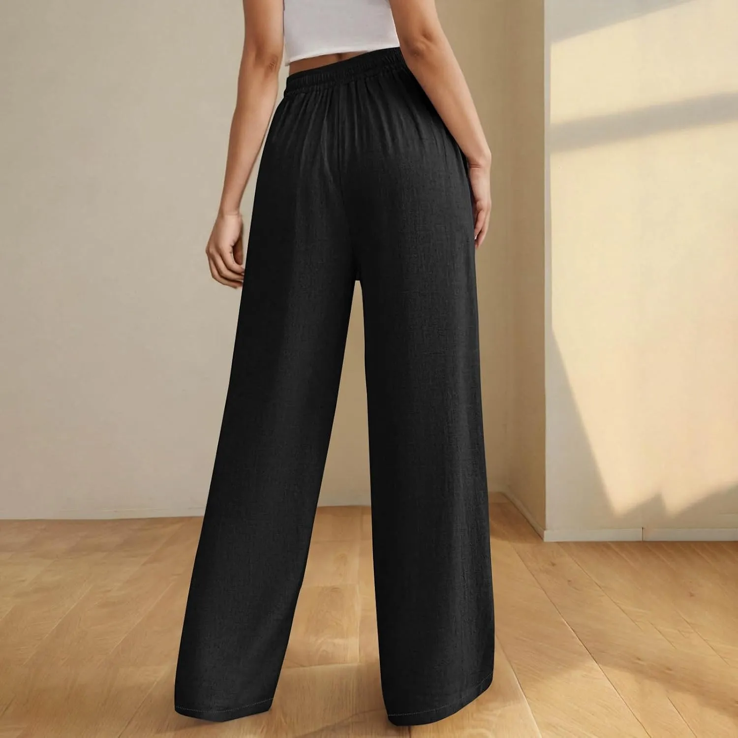 Womens Cotton Linen Wide Leg Pants Back Elastic Waist Flowy Pants with Side Pockets Casual Baggy Palazzo Trousers