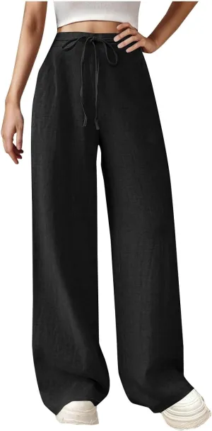 Womens Cotton Linen Wide Leg Pants Back Elastic Waist Flowy Pants with Side Pockets Casual Baggy Palazzo Trousers