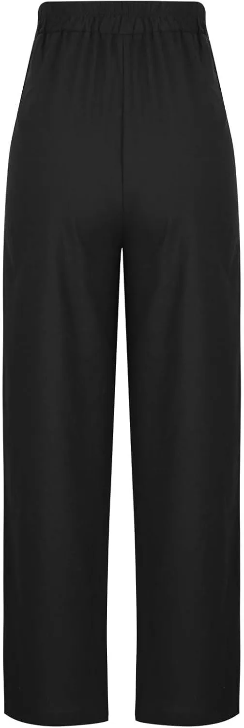 Womens Cotton Linen Wide Leg Pants Back Elastic Waist Flowy Pants with Side Pockets Casual Baggy Palazzo Trousers