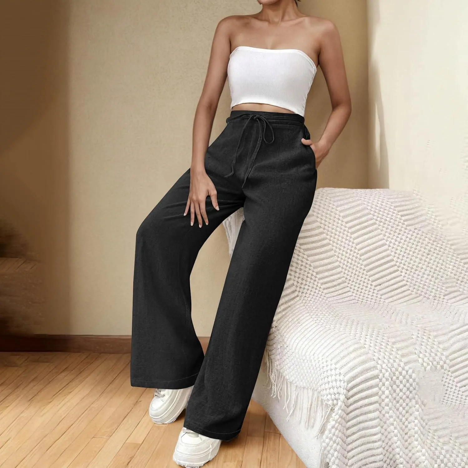 Womens Cotton Linen Wide Leg Pants Back Elastic Waist Flowy Pants with Side Pockets Casual Baggy Palazzo Trousers