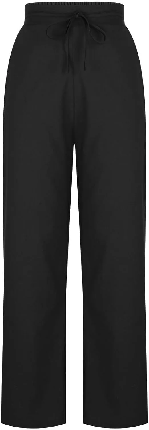 Womens Cotton Linen Wide Leg Pants Back Elastic Waist Flowy Pants with Side Pockets Casual Baggy Palazzo Trousers
