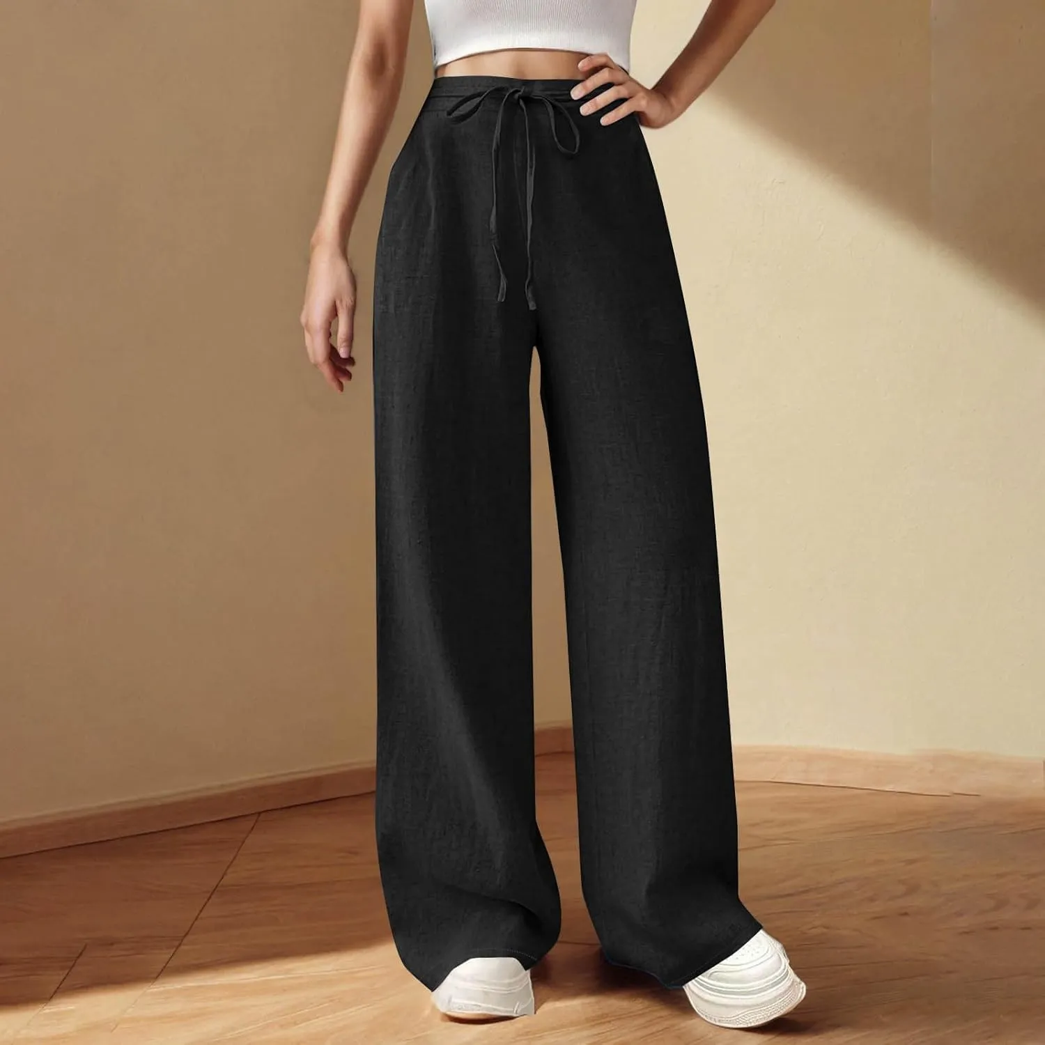 Womens Cotton Linen Wide Leg Pants Back Elastic Waist Flowy Pants with Side Pockets Casual Baggy Palazzo Trousers