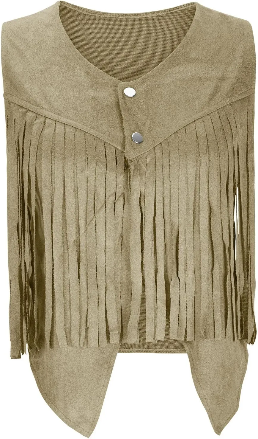 Womens Crop Vest Jacket Faux Suede Tassel Button Cardigan Coat Cowgirls 70s Hippie Cool Sleeveless Open Front Vest