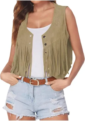Womens Crop Vest Jacket Faux Suede Tassel Button Cardigan Coat Cowgirls 70s Hippie Cool Sleeveless Open Front Vest