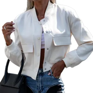 Womens Cropped Jackets Long Sleeve Button Down Stand Collar Trendy Casual Solid Color Coats with Pockets