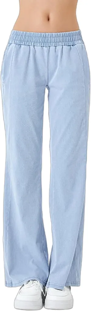 Women's Elastic Waisted Jeans High Waisted Wide Leg with Pockets, Soft Breathable Cotton Blend