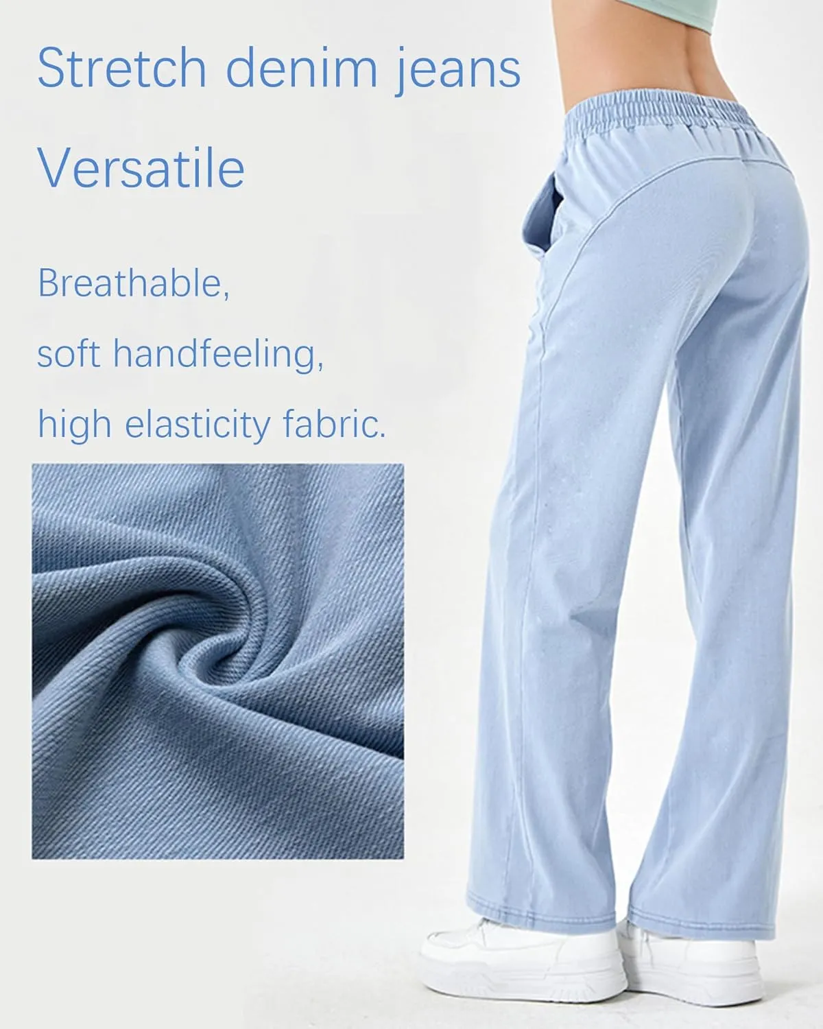 Women's Elastic Waisted Jeans High Waisted Wide Leg with Pockets, Soft Breathable Cotton Blend