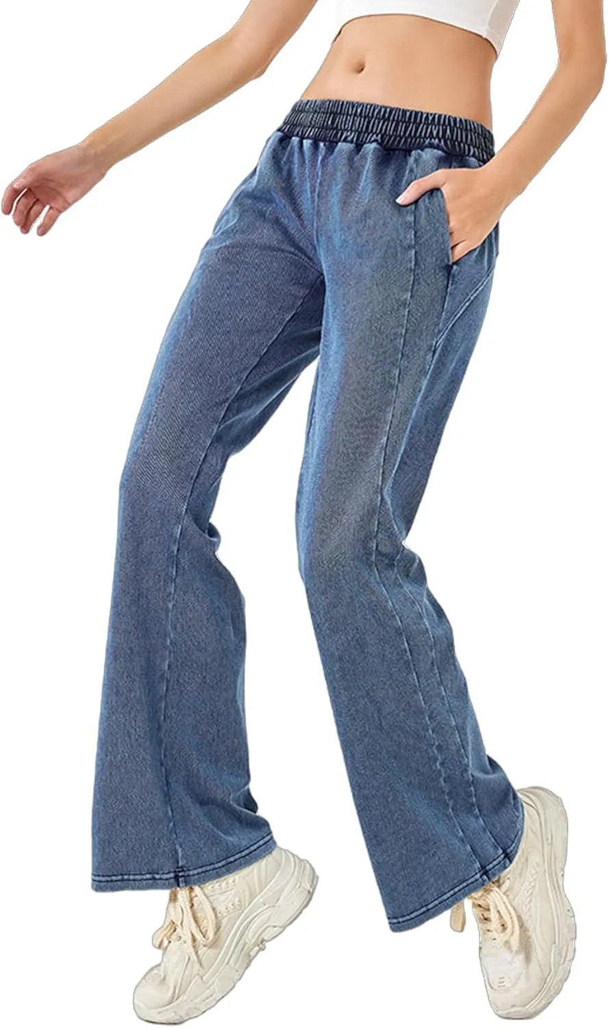 Women's Elastic Waisted Jeans High Waisted Wide Leg with Pockets, Soft Breathable Cotton Blend