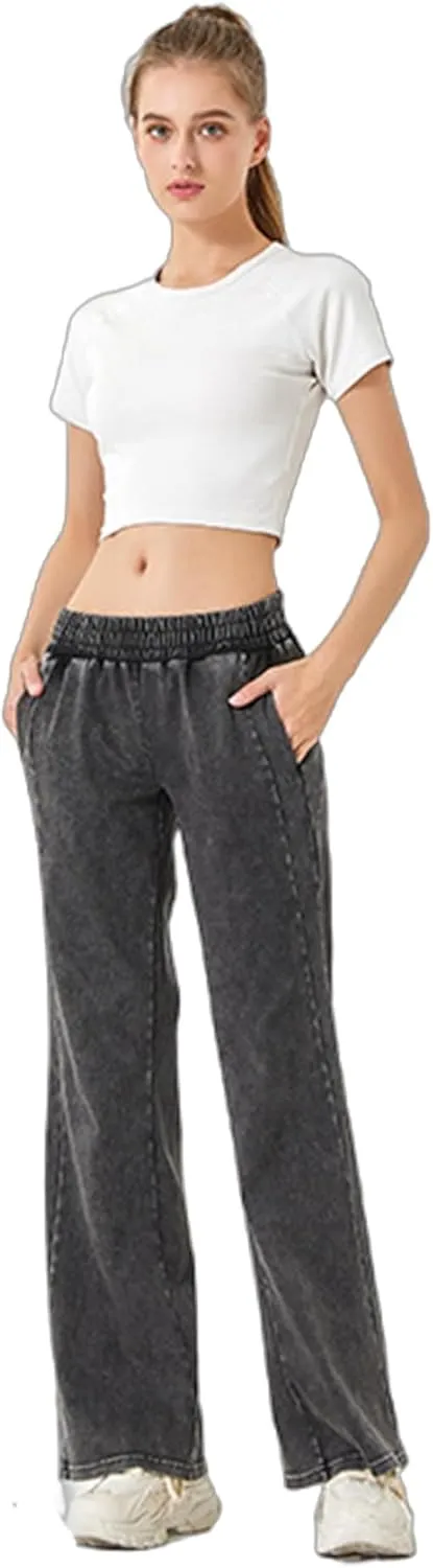 Women's Elastic Waisted Jeans High Waisted Wide Leg with Pockets, Soft Breathable Cotton Blend