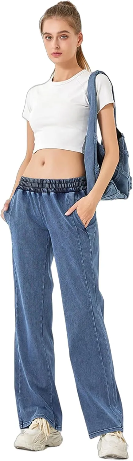 Women's Elastic Waisted Jeans High Waisted Wide Leg with Pockets, Soft Breathable Cotton Blend