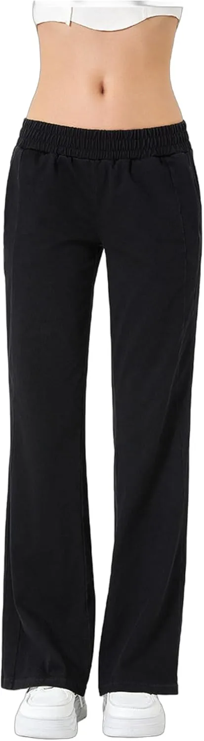 Women's Elastic Waisted Jeans High Waisted Wide Leg with Pockets, Soft Breathable Cotton Blend