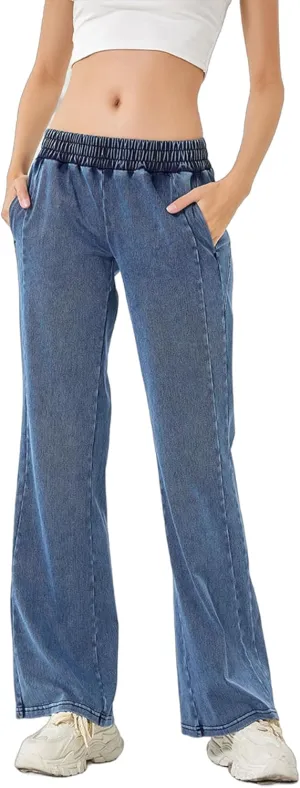Women's Elastic Waisted Jeans High Waisted Wide Leg with Pockets, Soft Breathable Cotton Blend