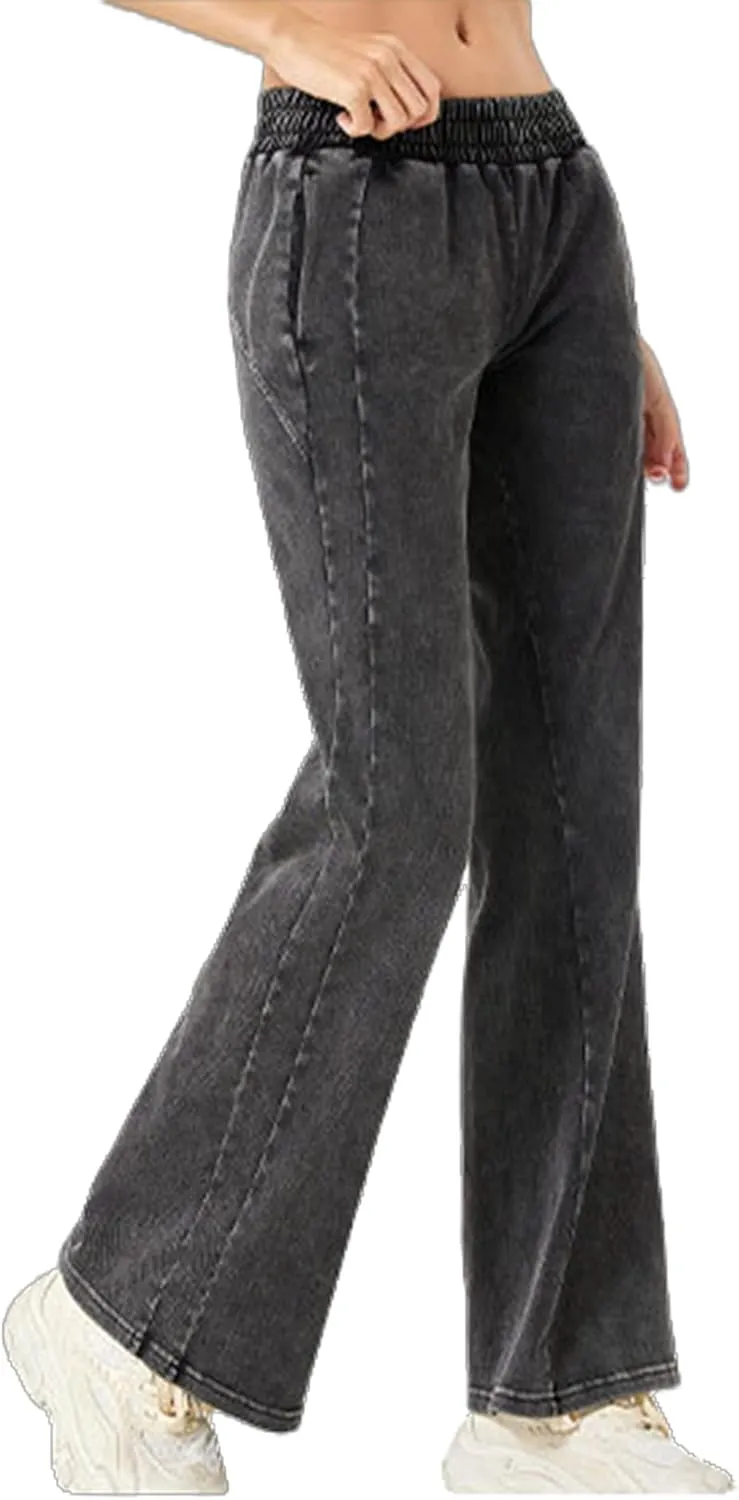 Women's Elastic Waisted Jeans High Waisted Wide Leg with Pockets, Soft Breathable Cotton Blend