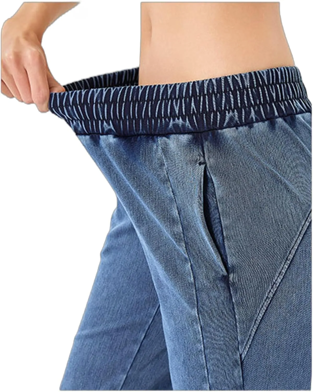 Women's Elastic Waisted Jeans High Waisted Wide Leg with Pockets, Soft Breathable Cotton Blend