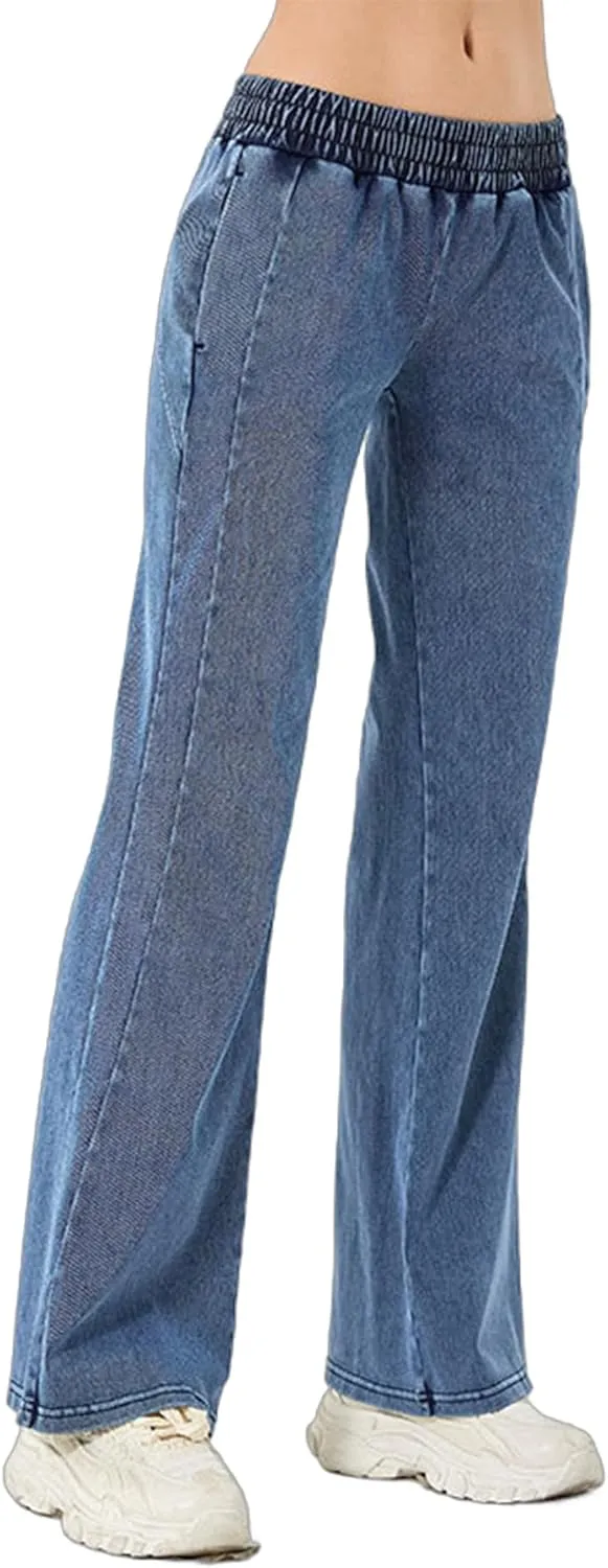 Women's Elastic Waisted Jeans High Waisted Wide Leg with Pockets, Soft Breathable Cotton Blend