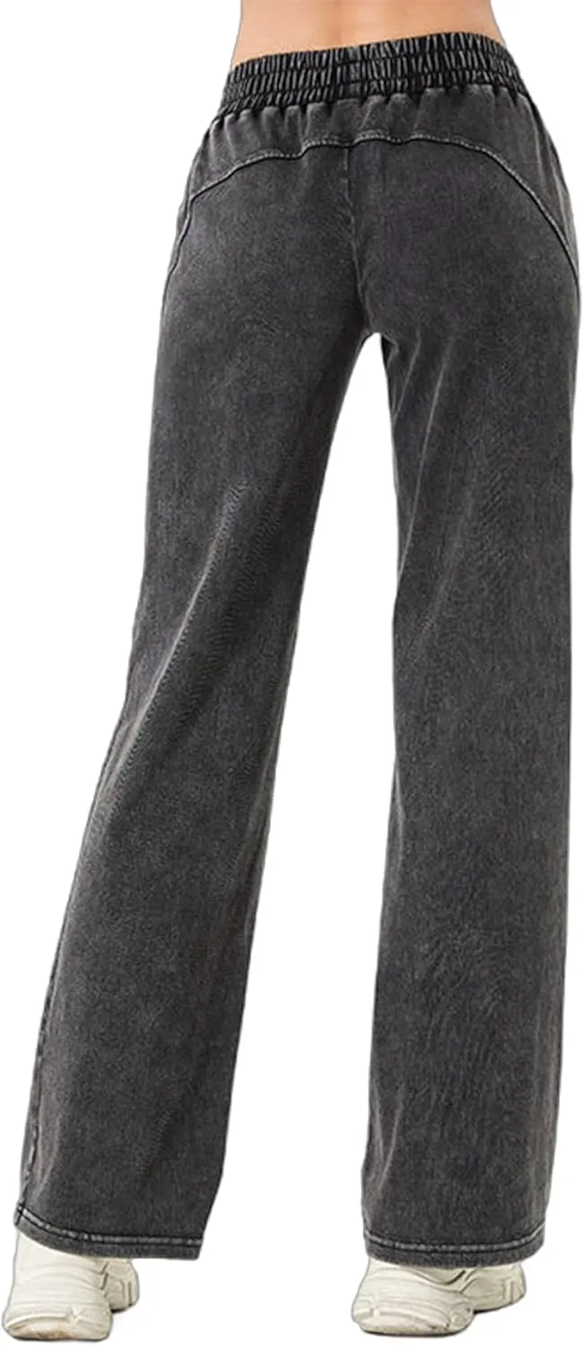 Women's Elastic Waisted Jeans High Waisted Wide Leg with Pockets, Soft Breathable Cotton Blend
