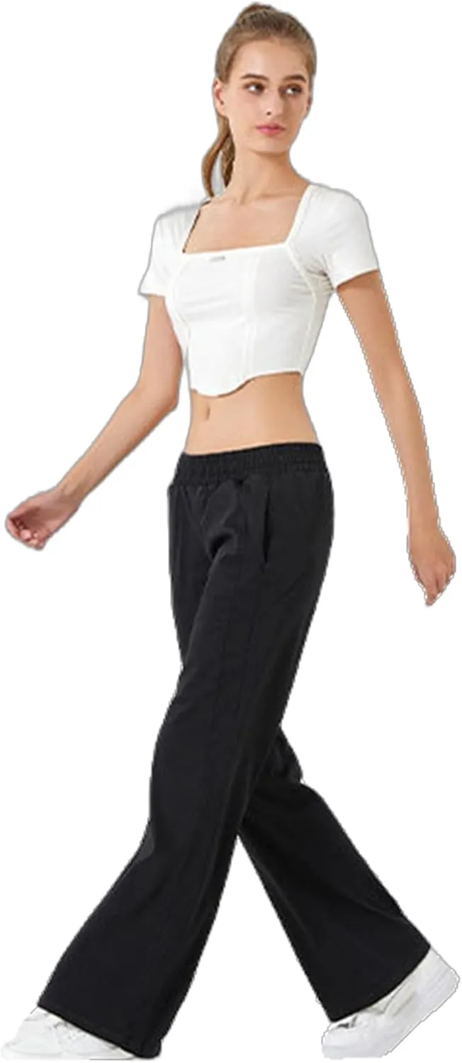 Women's Elastic Waisted Jeans High Waisted Wide Leg with Pockets, Soft Breathable Cotton Blend