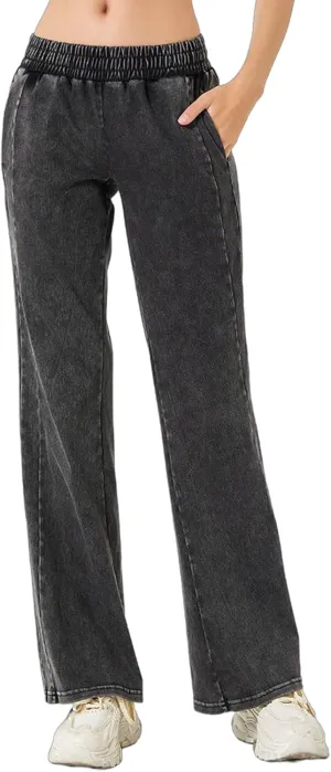 Women's Elastic Waisted Jeans High Waisted Wide Leg with Pockets, Soft Breathable Cotton Blend