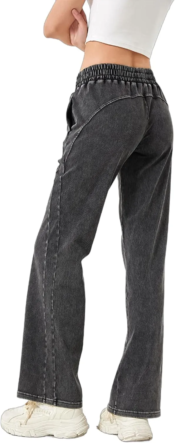 Women's Elastic Waisted Jeans High Waisted Wide Leg with Pockets, Soft Breathable Cotton Blend