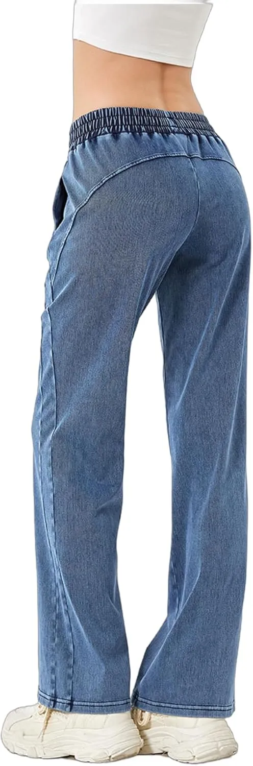 Women's Elastic Waisted Jeans High Waisted Wide Leg with Pockets, Soft Breathable Cotton Blend