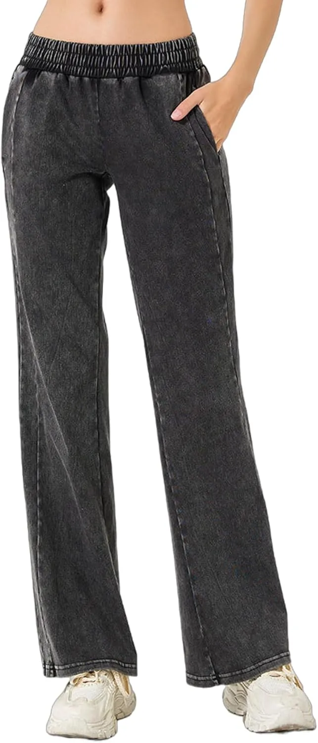 Women's Elastic Waisted Jeans High Waisted Wide Leg with Pockets, Soft Breathable Cotton Blend
