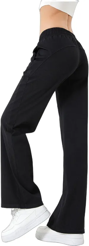 Women's Elastic Waisted Jeans High Waisted Wide Leg with Pockets, Soft Breathable Cotton Blend
