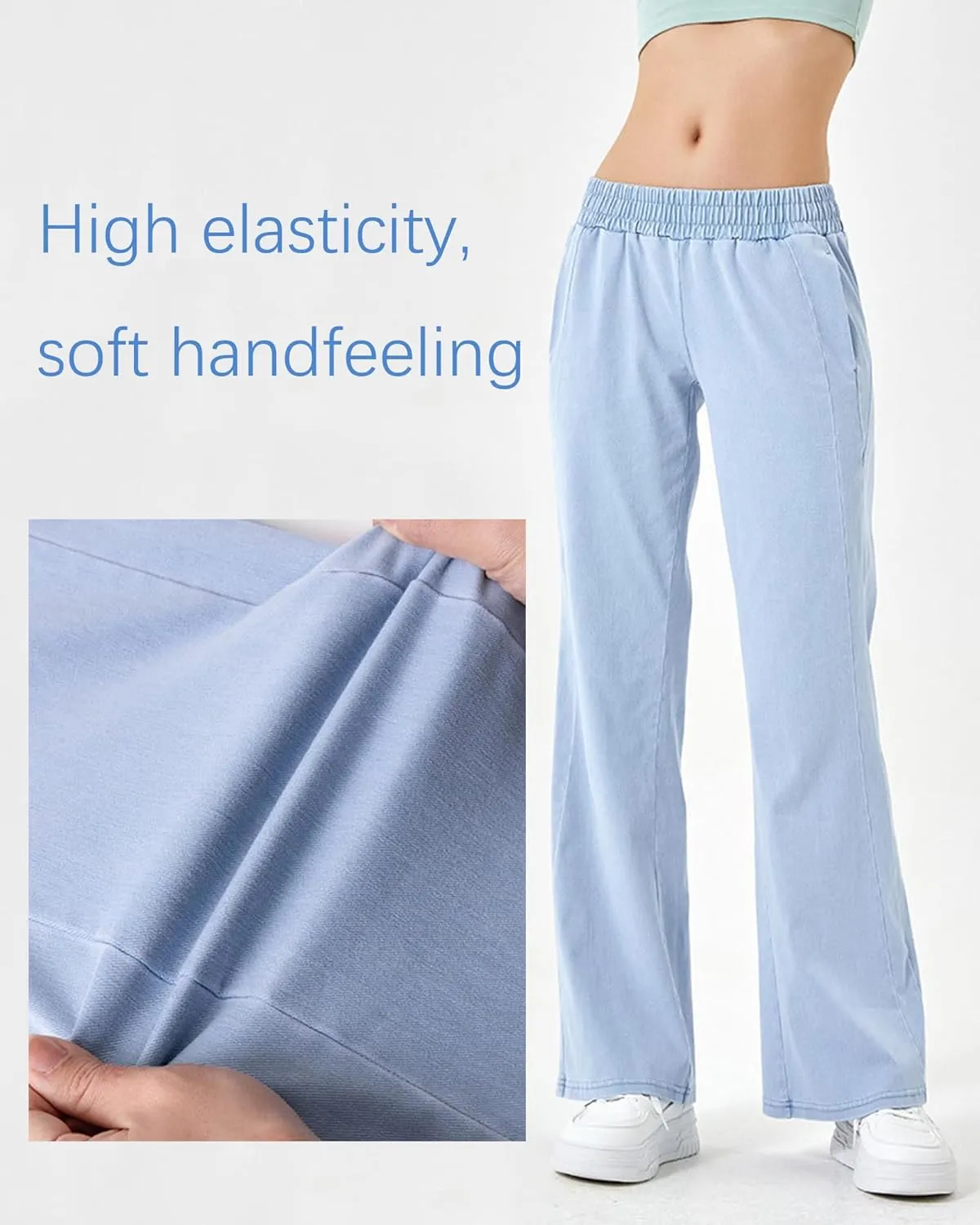 Women's Elastic Waisted Jeans High Waisted Wide Leg with Pockets, Soft Breathable Cotton Blend