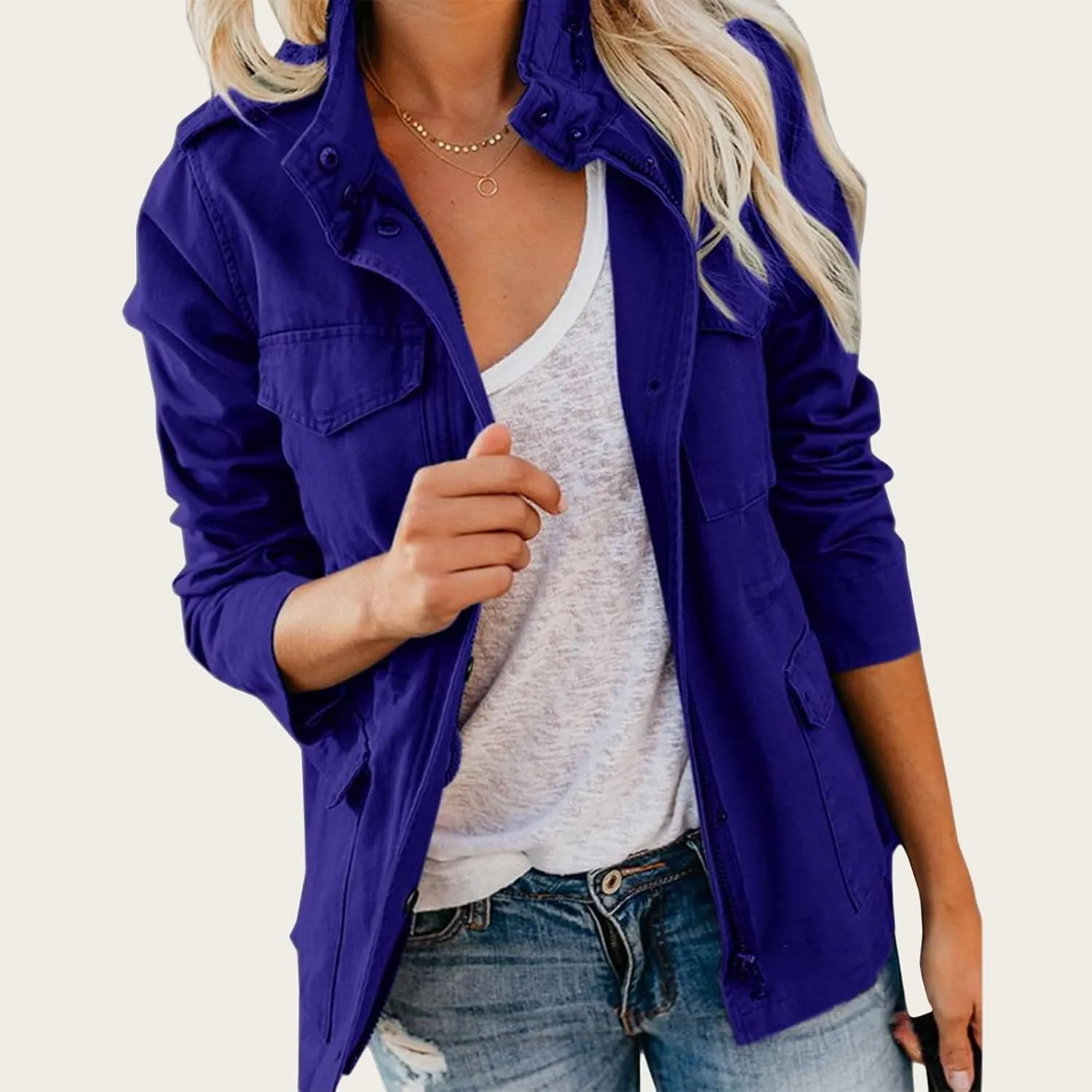 Womens Fall Jackets Military Anorak Jackets Lightweight Cargo Jacket Snap Buttons Parka Safari Utility Coats Pockets
