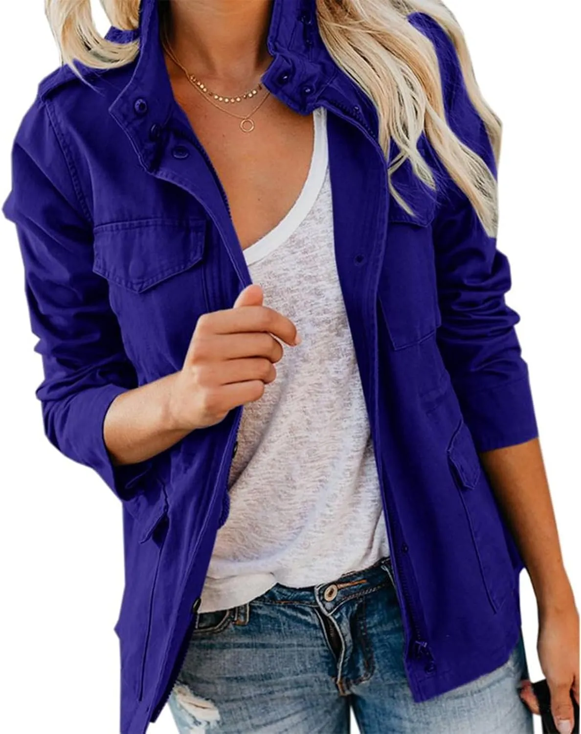 Womens Fall Jackets Military Anorak Jackets Lightweight Cargo Jacket Snap Buttons Parka Safari Utility Coats Pockets