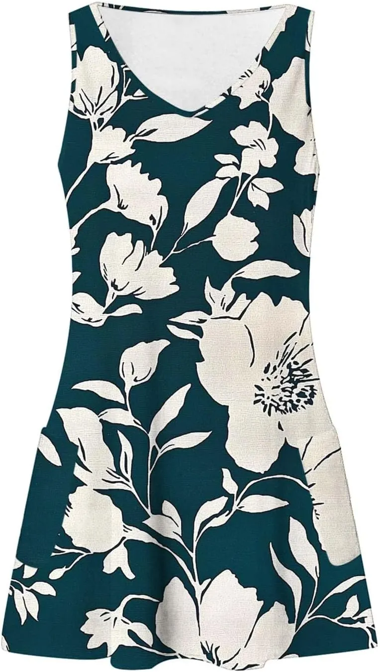 Women's Fashion Floral Dress Casual Sleeveless V Neck Loose Summer Sundress Soft Breathable Holiday Beach Dress