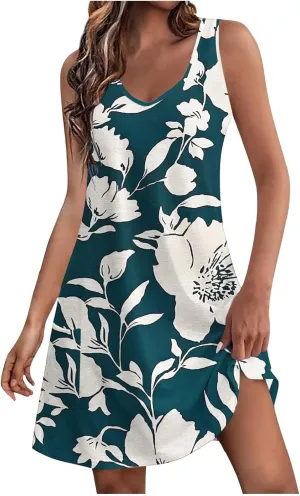 Women's Fashion Floral Dress Casual Sleeveless V Neck Loose Summer Sundress Soft Breathable Holiday Beach Dress