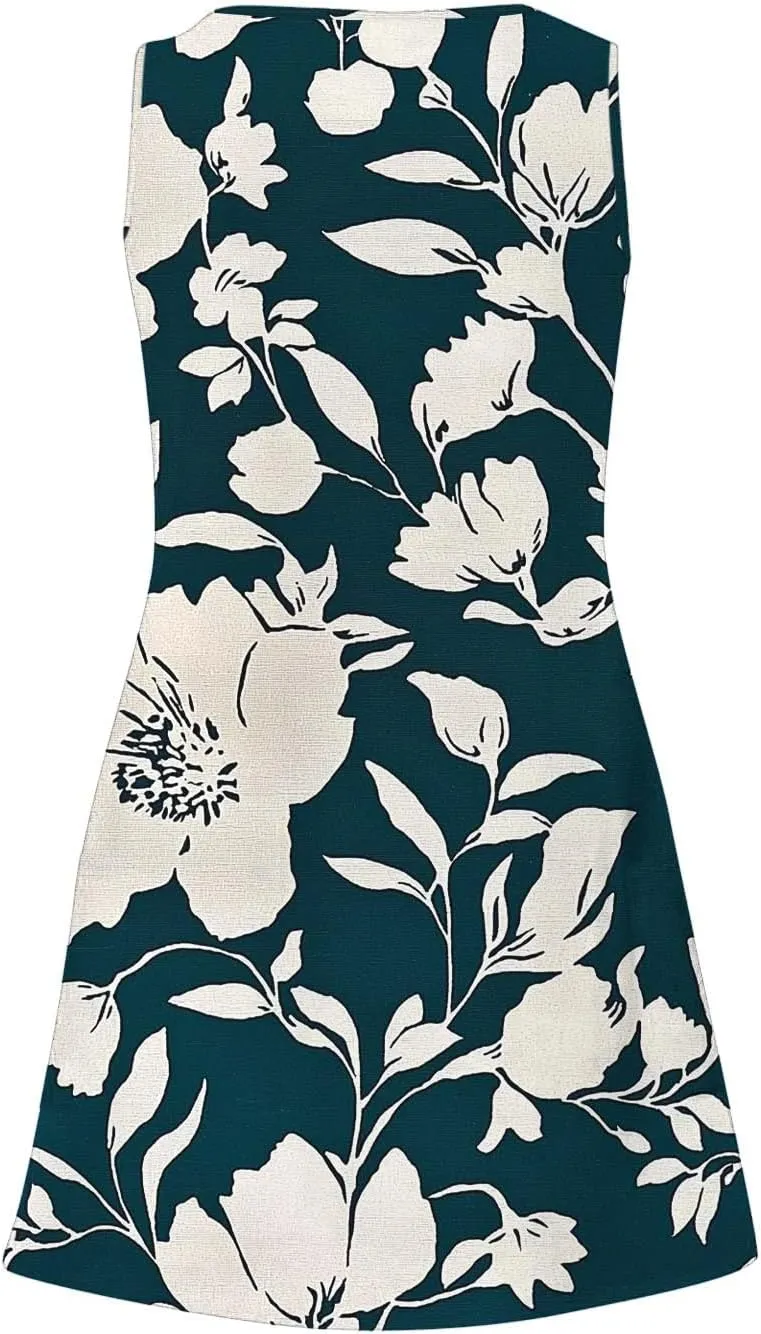 Women's Fashion Floral Dress Casual Sleeveless V Neck Loose Summer Sundress Soft Breathable Holiday Beach Dress