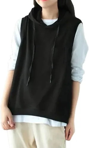 Women's Fashion Solid Hoodies Sweatshirts Sleeveless Drawstring Oversized Tops Loose Fit Pullover Shirts with Pocket