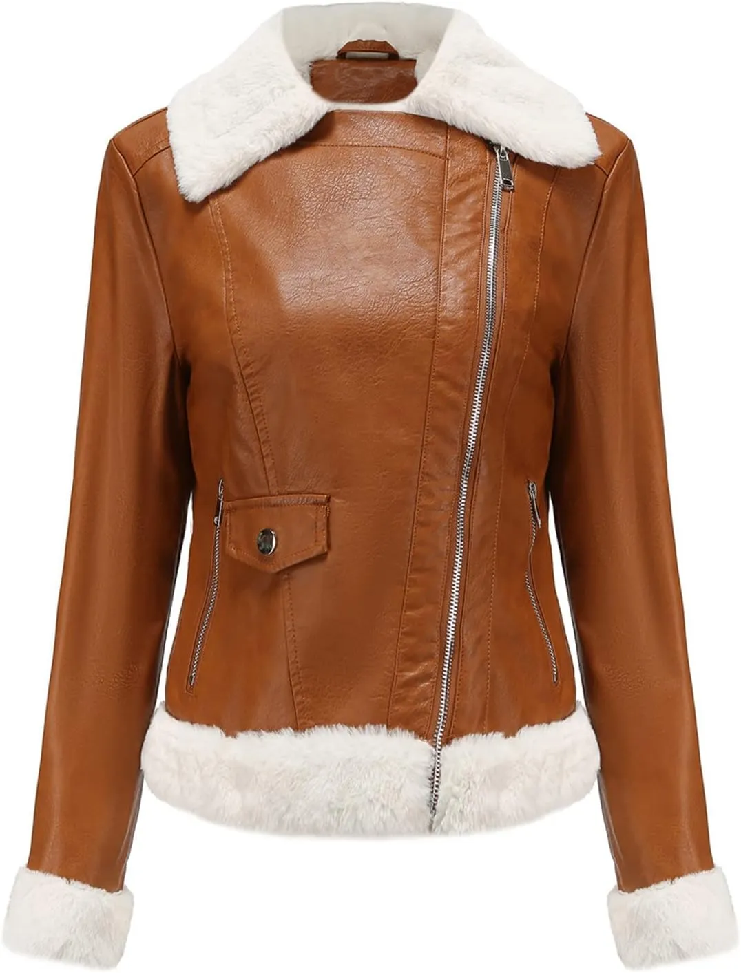 Women's Faux Shearing Moto Jacket Thick Fleece Lined Parka Winter Coat Lapel Sherpa Motorcycle Biker Leather Jacket