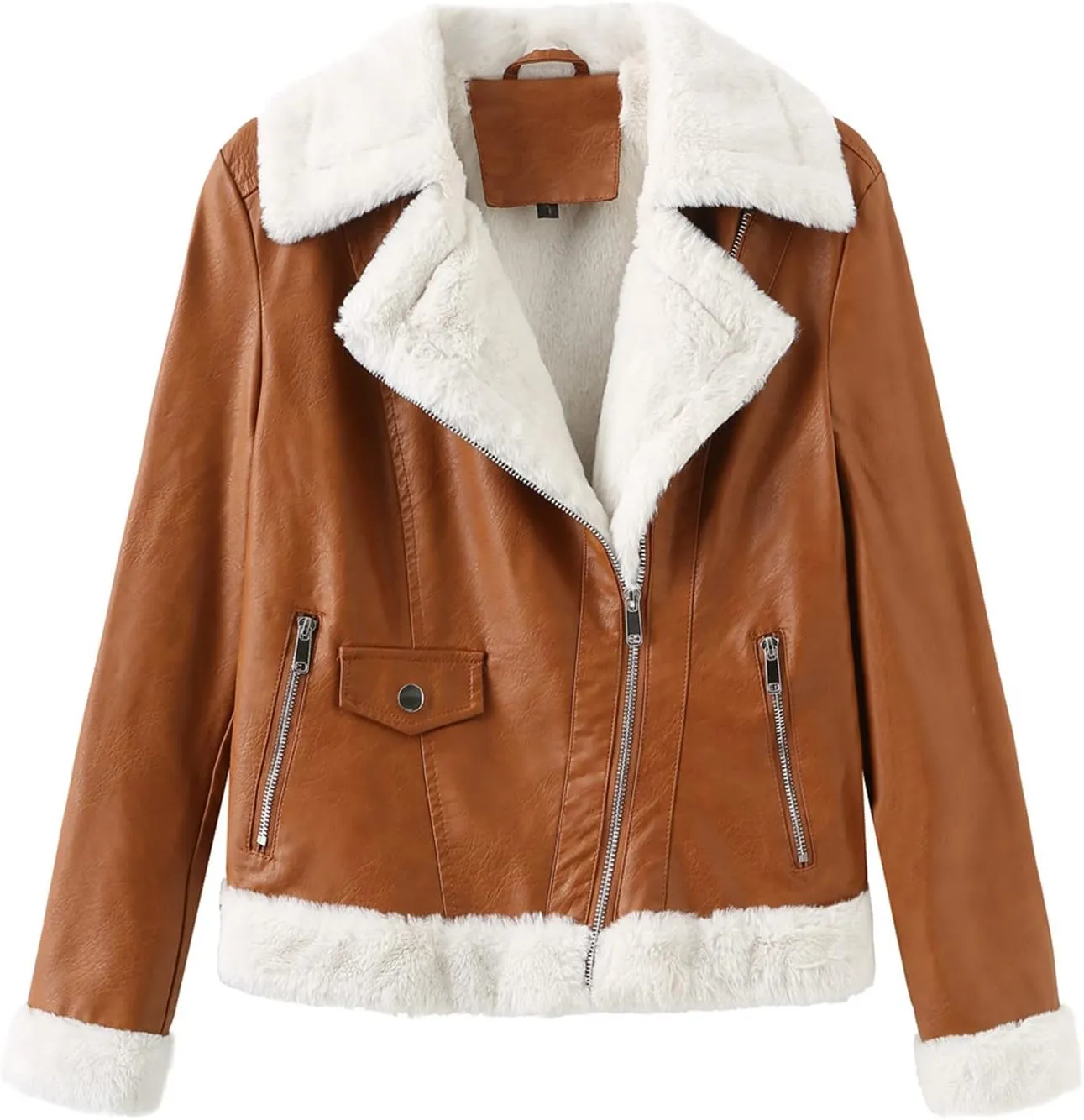 Women's Faux Shearing Moto Jacket Thick Fleece Lined Parka Winter Coat Lapel Sherpa Motorcycle Biker Leather Jacket