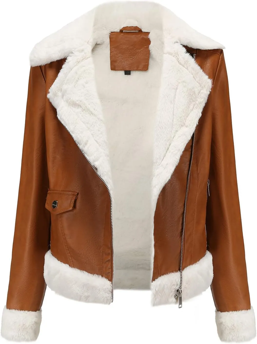 Women's Faux Shearing Moto Jacket Thick Fleece Lined Parka Winter Coat Lapel Sherpa Motorcycle Biker Leather Jacket