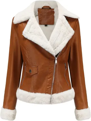 Women's Faux Shearing Moto Jacket Thick Fleece Lined Parka Winter Coat Lapel Sherpa Motorcycle Biker Leather Jacket