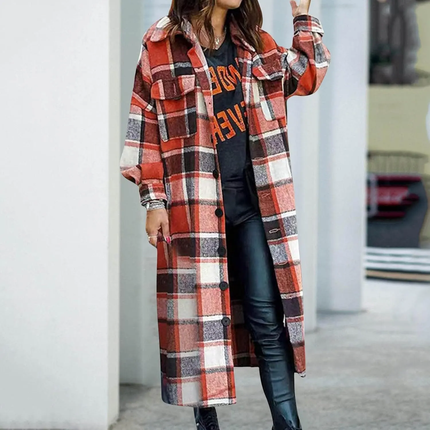 Womens Flannel Plaid Shacket Casual Loose Lapel Button Down Long Jacket Fall Winter Wool Blend Coat Warm Trench Coats