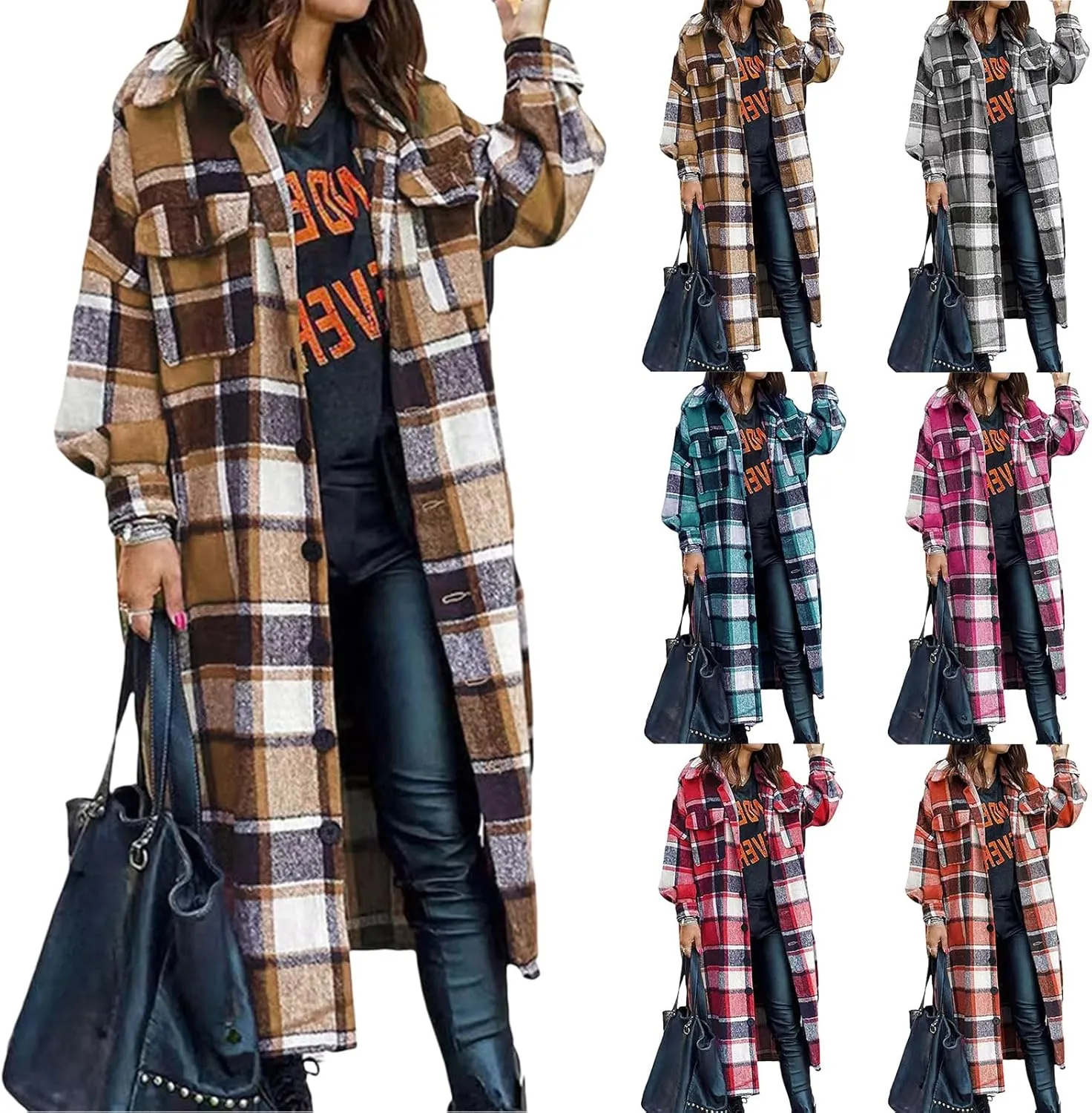 Womens Flannel Plaid Shacket Casual Loose Lapel Button Down Long Jacket Fall Winter Wool Blend Coat Warm Trench Coats