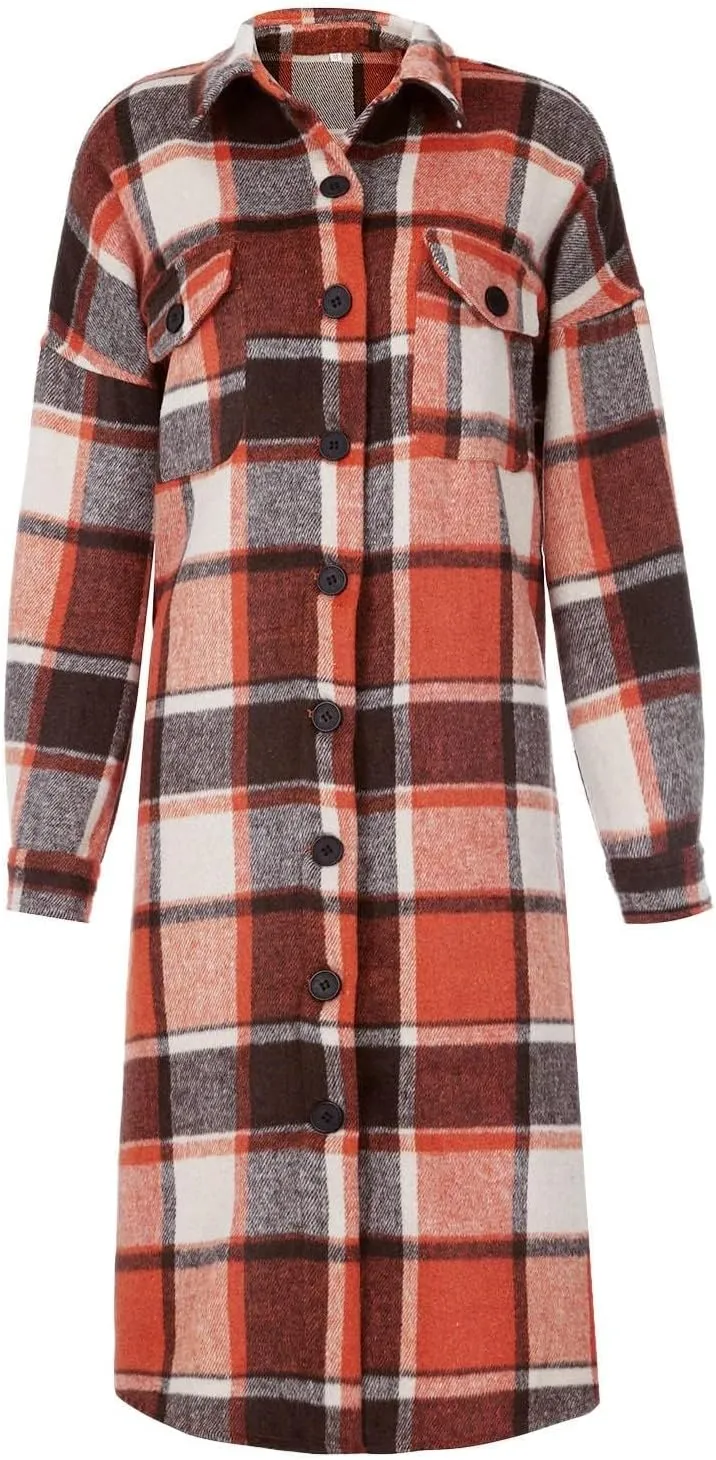 Womens Flannel Plaid Shacket Casual Loose Lapel Button Down Long Jacket Fall Winter Wool Blend Coat Warm Trench Coats