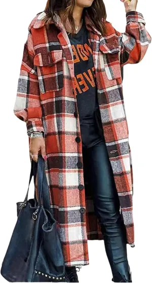 Womens Flannel Plaid Shacket Casual Loose Lapel Button Down Long Jacket Fall Winter Wool Blend Coat Warm Trench Coats