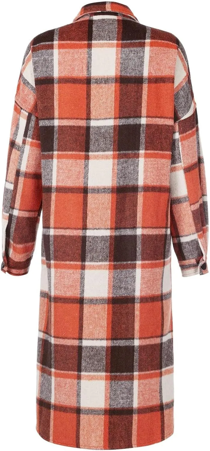 Womens Flannel Plaid Shacket Casual Loose Lapel Button Down Long Jacket Fall Winter Wool Blend Coat Warm Trench Coats