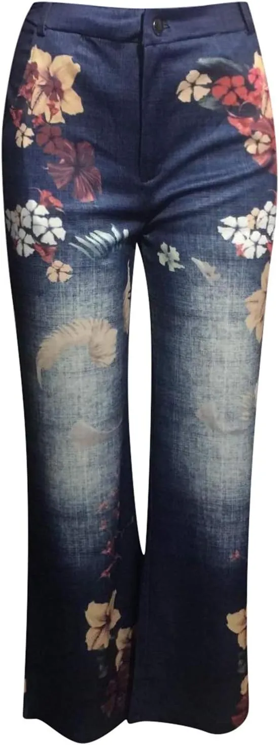 Women's Flower Printed Jeans Stretchy High Waisted Trouser Baggy Straight Wide Leg Casual Imitation Denim Pants