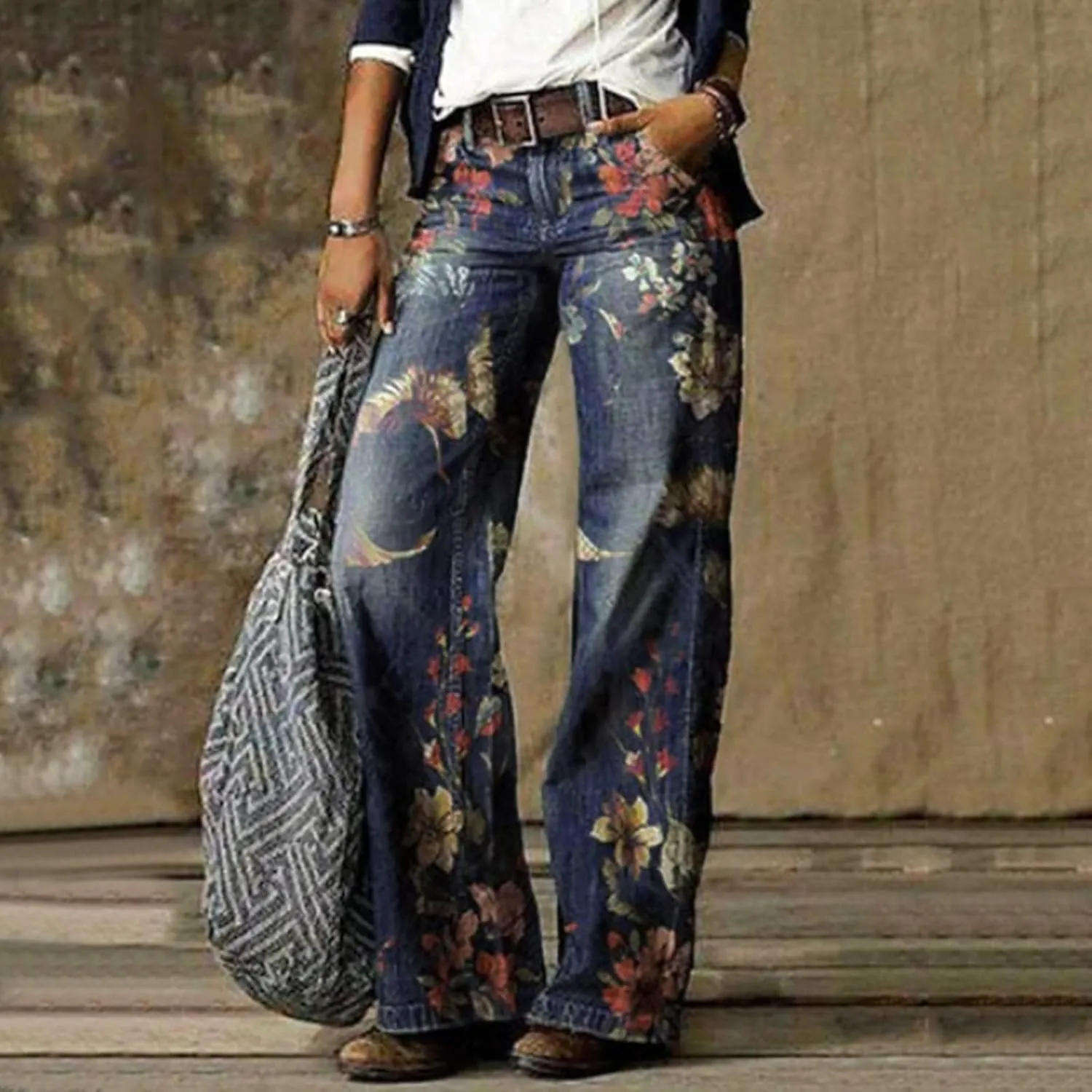 Women's Flower Printed Jeans Stretchy High Waisted Trouser Baggy Straight Wide Leg Casual Imitation Denim Pants