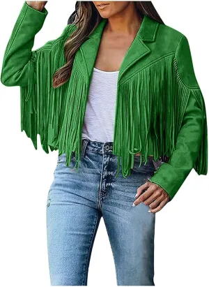 Womens Fringe Jackets Plus Size Faux Suede Coat Fashion Long Sleeve Cardigan Vintage Western Hippie Clothes